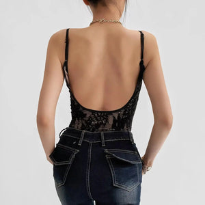 Sheer Lace Bodysuit with lace trim, Y2K bodysuit styled with low rise bottoms