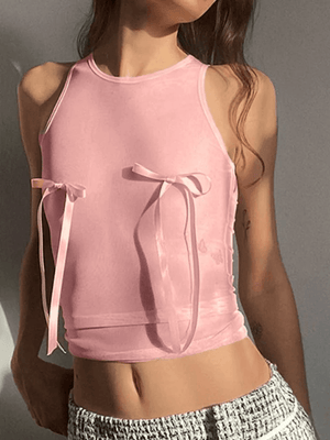 Sheer Mesh Bow Pink Tank Top-Tops&Tees-MAUV STUDIO-STREETWEAR-Y2K-CLOTHING