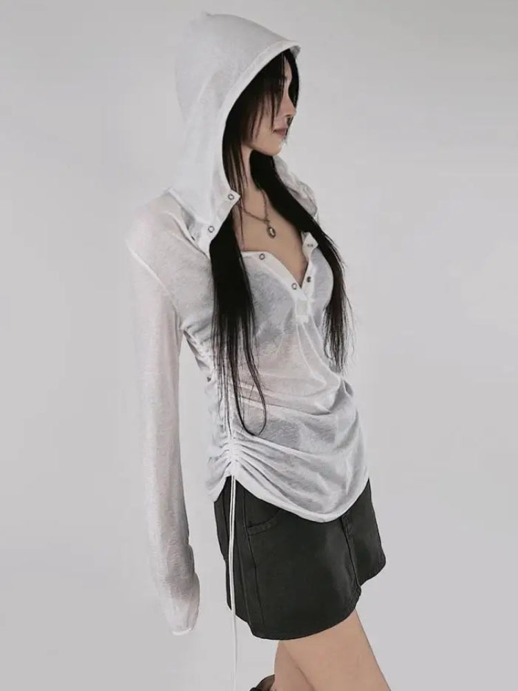 Sheer Ruched Hoodie Top – MAUVSTUDIO®