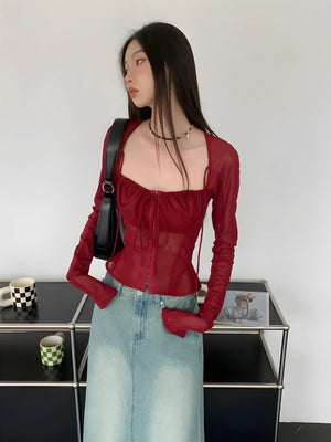 Sheer Ruched Lace Up Top-Mauv Studio
