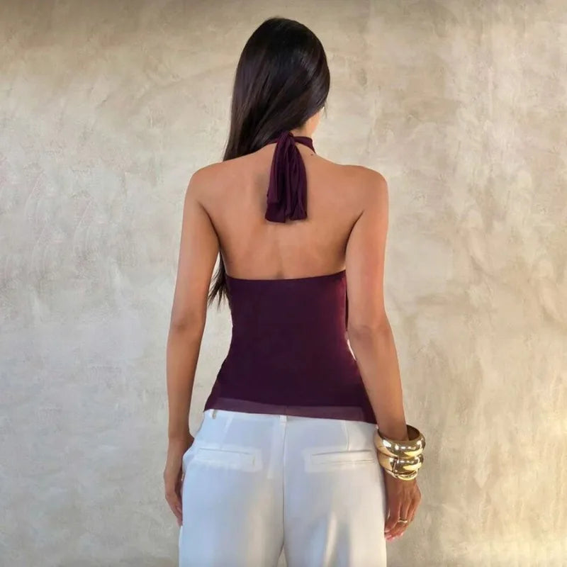 Sheer Ruffle Halter Top with tie detail, Y2K halter top styled with low rise bottoms