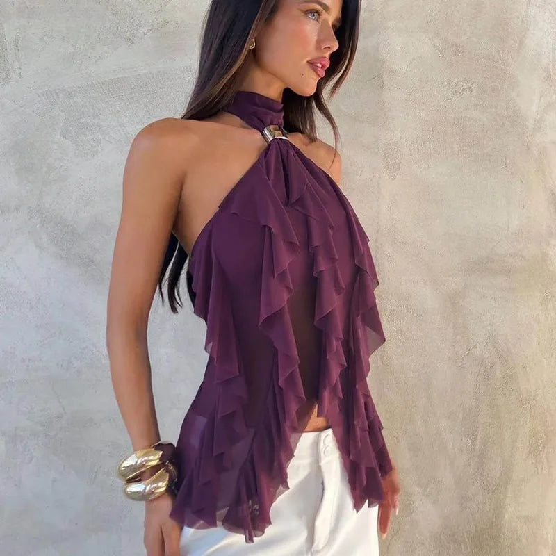Sheer Ruffle Halter Top with tie detail, Y2K halter top styled with low rise bottoms