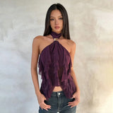 Sheer Ruffle Halter Top with tie detail, Y2K halter top styled with low rise bottoms