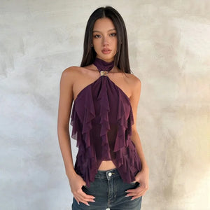 Sheer Ruffle Halter Top with tie detail, Y2K halter top styled with low rise bottoms