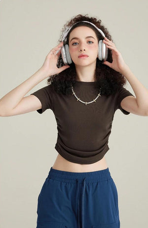 Side Ruched Crop Top-Brown-S-Mauv Studio
