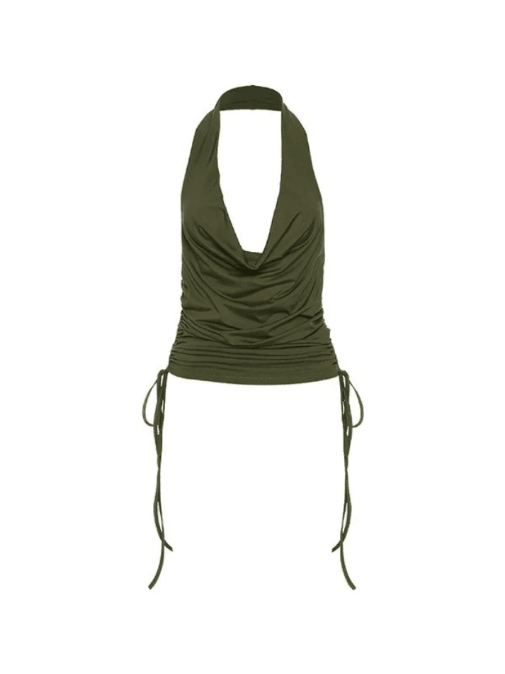 Side Tie Ruched Halter Cropped Tank Top-Tops-MAUV STUDIO-STREETWEAR-Y2K-CLOTHING
