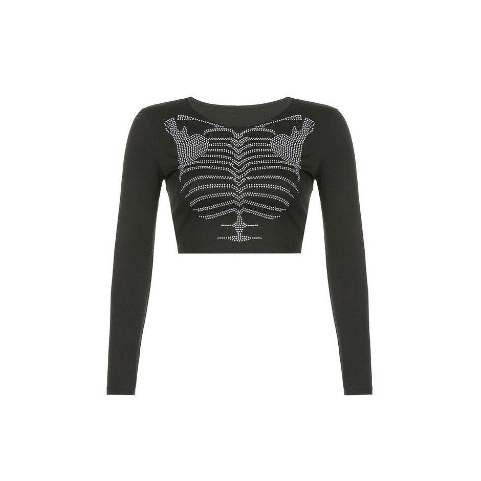Skeleton Rhinestone Long Sleeve Top-Tops-MAUV STUDIO-STREETWEAR-Y2K-CLOTHING