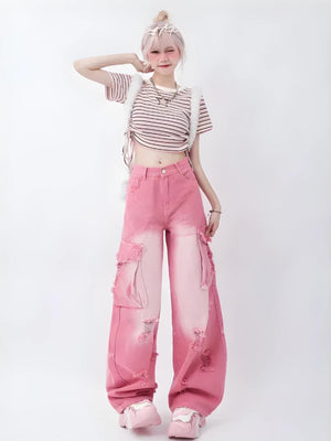 Soft Girl Distressed Cargo Jeans-Pink-S-MAUV STUDIO