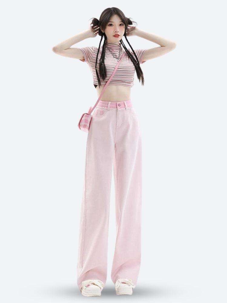 Soft Girl Distressed Straight Leg Pants-Pink-XS-Mauv Studio