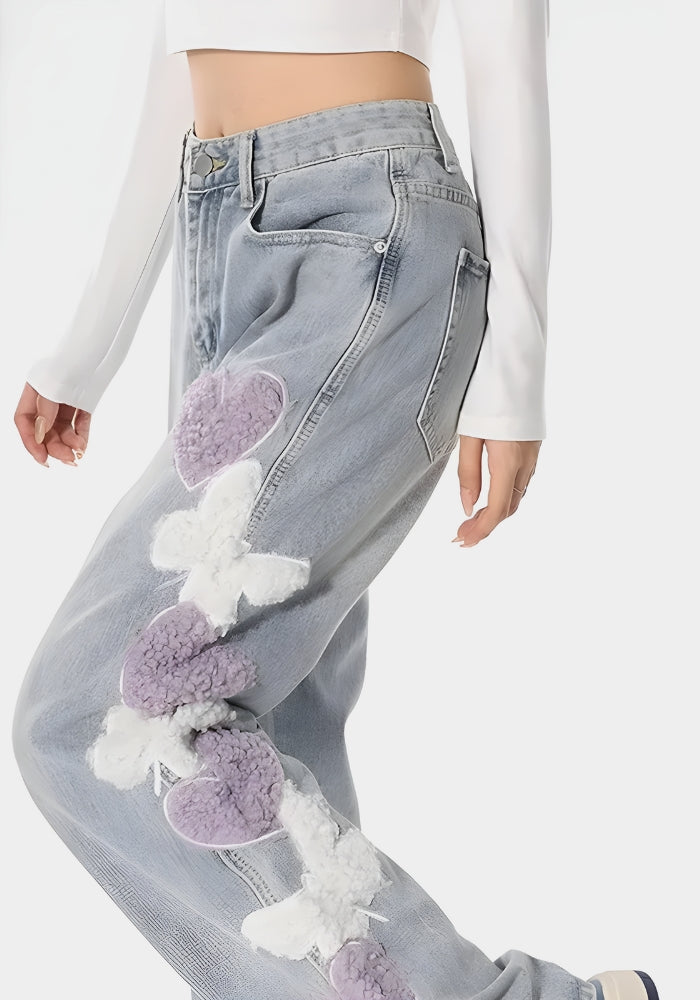 Soft Girl Fluffy Heart Butterfly Jeans-MAUV STUDIO