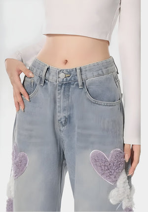 Soft Girl Fluffy Heart Butterfly Jeans-MAUV STUDIO