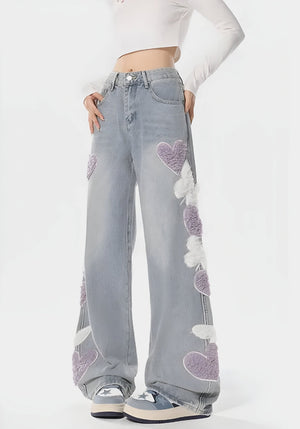 Soft Girl Fluffy Heart Butterfly Jeans-Gray-S-MAUV STUDIO