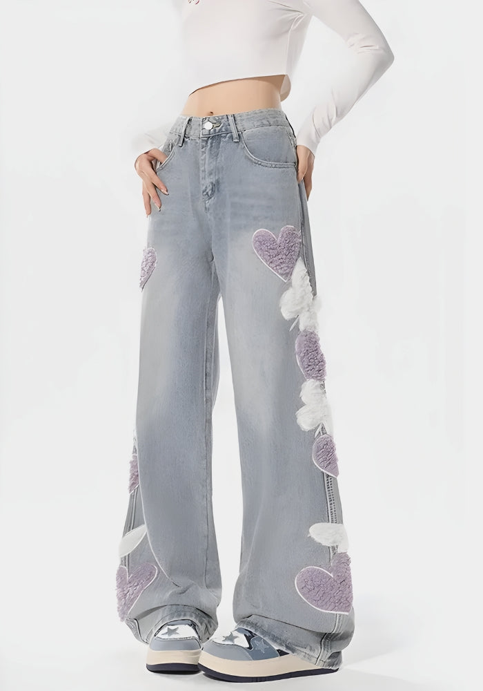 Soft Girl Fluffy Heart Butterfly Jeans-Gray-S-MAUV STUDIO