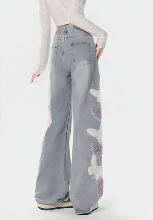 Soft Girl Fluffy Heart Butterfly Jeans-MAUV STUDIO