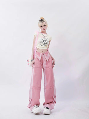 Soft Girl Folded Waist Jeans-Pink-S-MAUV STUDIO