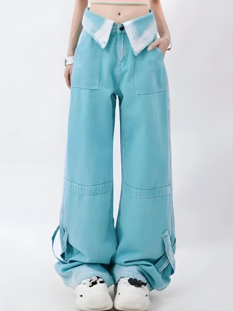 Soft Girl Folded Waist Jeans-Blue-S-MAUV STUDIO