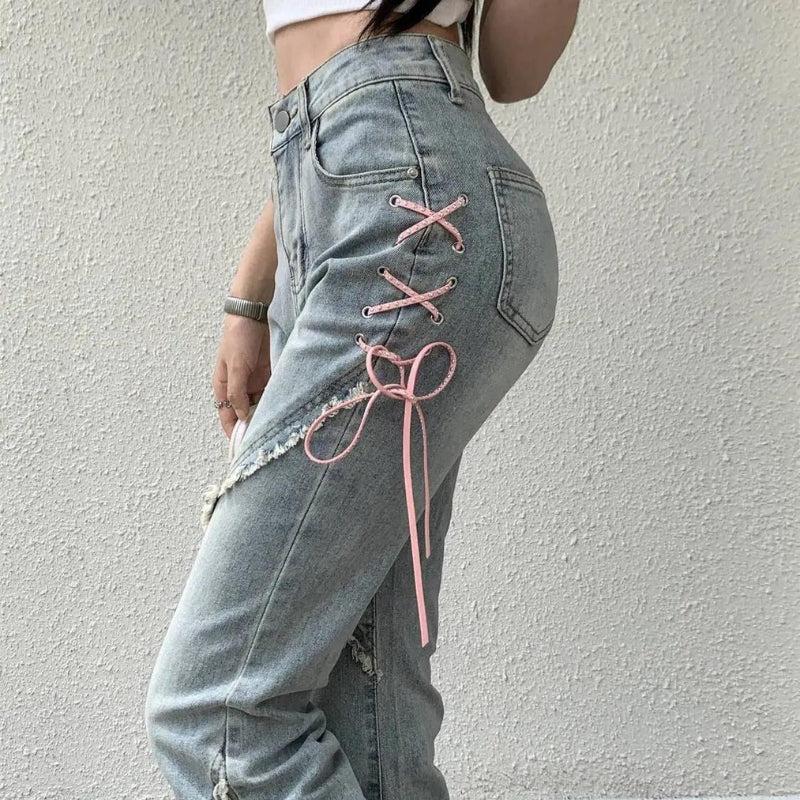 Soft Girl Lace Up Slit Flare Jeans-MAUV STUDIO