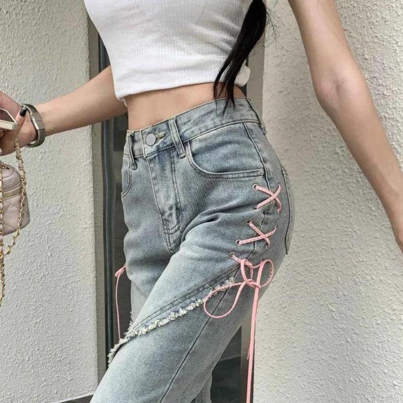 Soft Girl Lace Up Slit Flare Jeans-MAUV STUDIO