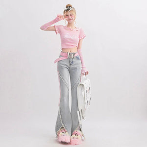 Soft Girl Lace Up Slit Flare Jeans-MAUV STUDIO