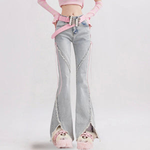 Soft Girl Lace Up Slit Flare Jeans-MAUV STUDIO