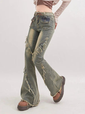 Soft Grunge Tasseled Flare Jeans-MAUV STUDIO