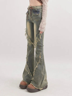 Soft Grunge Tasseled Flare Jeans-MAUV STUDIO