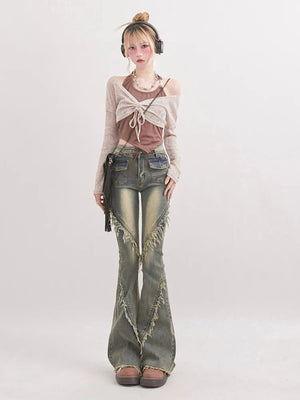 Soft Grunge Tasseled Flare Jeans-Gray-S-MAUV STUDIO