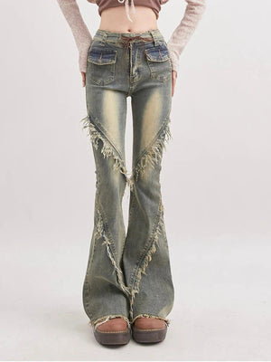 Soft Grunge Tasseled Flare Jeans-MAUV STUDIO