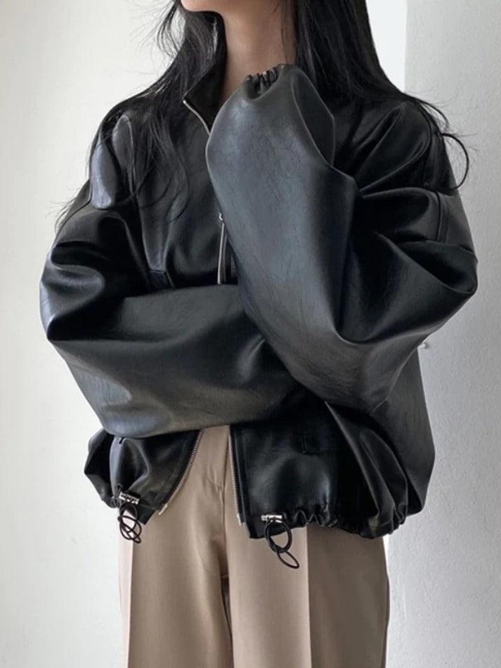 Solid Big Pocket Drawstring Collar Neck Leather Jacket-Jackets-MAUV STUDIO-STREETWEAR-Y2K-CLOTHING