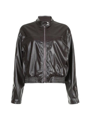 Solid Collar Neck Leather Motorcycle Jacket-Jackets-MAUV STUDIO-STREETWEAR-Y2K-CLOTHING