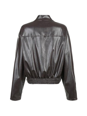 Solid Collar Neck Leather Motorcycle Jacket-Jackets-MAUV STUDIO-STREETWEAR-Y2K-CLOTHING