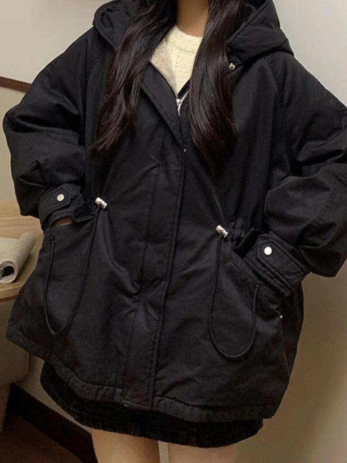 Solid Hooded Drawstring Flap Detail Jacket-Jackets-MAUV STUDIO-STREETWEAR-Y2K-CLOTHING