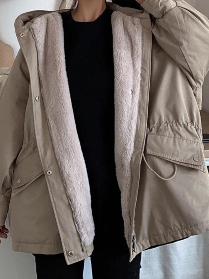 Solid Hooded Drawstring Flap Detail Jacket-Jackets-MAUV STUDIO-STREETWEAR-Y2K-CLOTHING