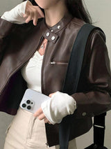 Solid Zip Up Leather Jacket-Jackets-MAUV STUDIO-STREETWEAR-Y2K-CLOTHING
