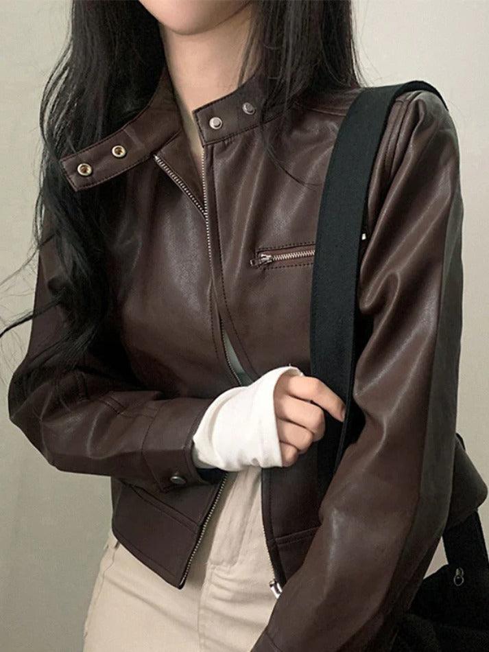 Solid Zip Up Leather Jacket-Jackets-MAUV STUDIO-STREETWEAR-Y2K-CLOTHING