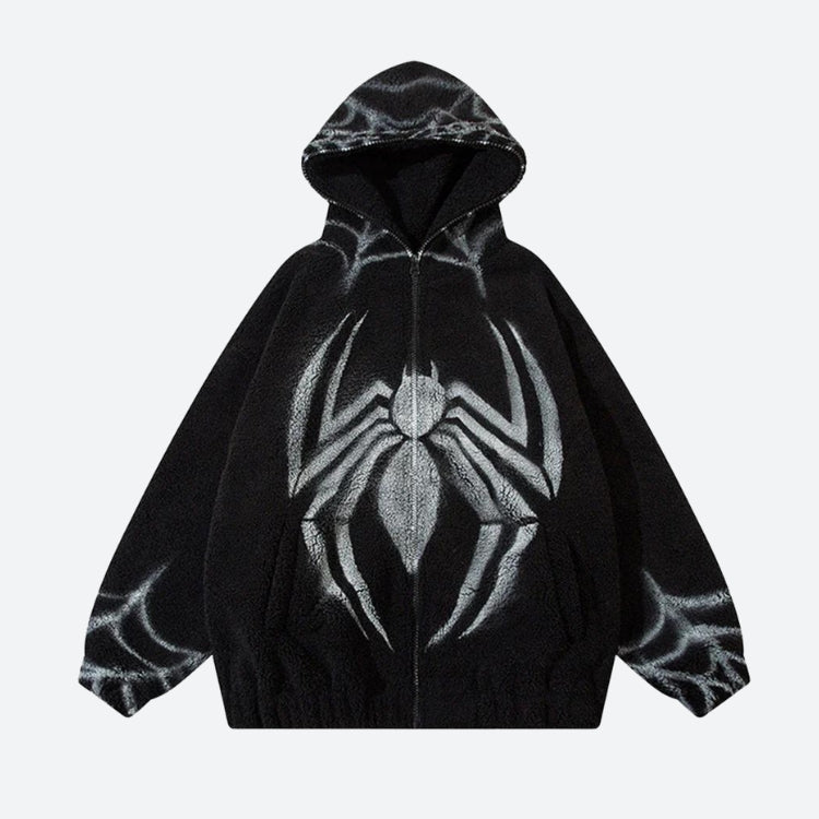 Spider Full Zip-Up Teddy Hoodie Jacket-Black-S-Mauv Studio