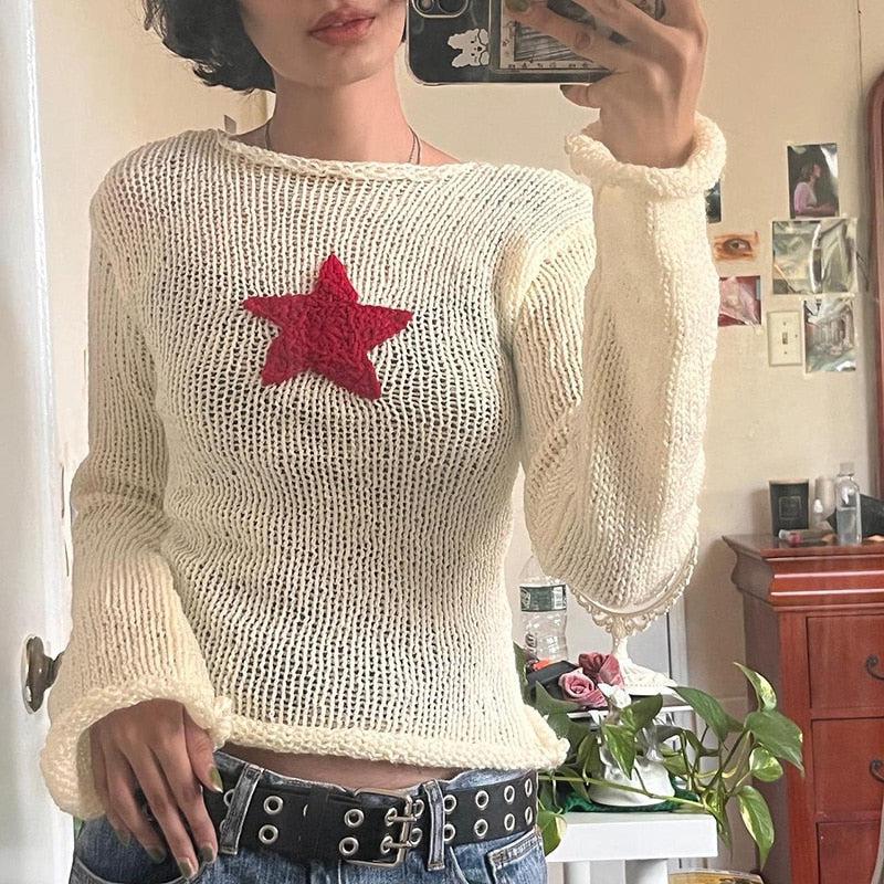 Star Embroidery Knitted Top-Beige-S-Mauv Studio