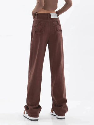 Star Pockets Wide Leg Jeans-Brown-S-MAUV STUDIO