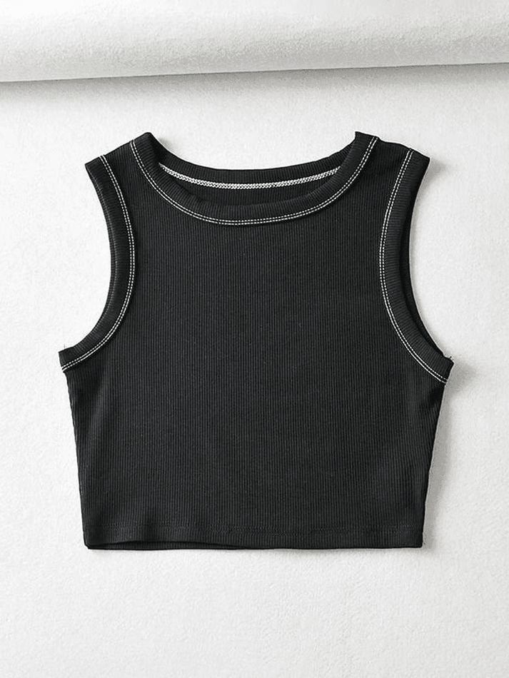 Stitched Detail Ribbed Crop Tank Top-Tops&Tees-MAUV STUDIO-STREETWEAR-Y2K-CLOTHING