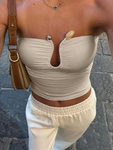 Strapless Cut Out Ruched Top with fitted cut, Y2K tube top styled with low rise bottoms