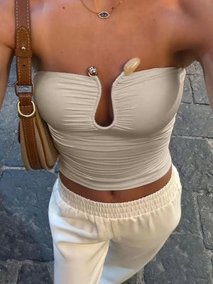 Strapless Cut Out Ruched Top with fitted cut, Y2K tube top styled with low rise bottoms