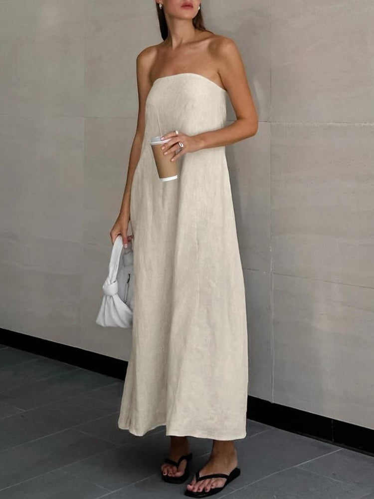 strapless linen midi dress Black Maxi Satin Dresses Strapless neck Aesthetic Color:Beige (Tencel)