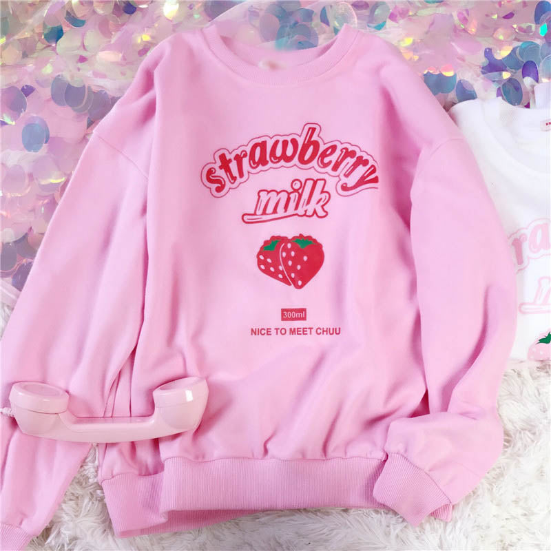 Strawberry Milk Sweatshirt-Hoodies-MAUV STUDIO-STREETWEAR-Y2K-CLOTHING