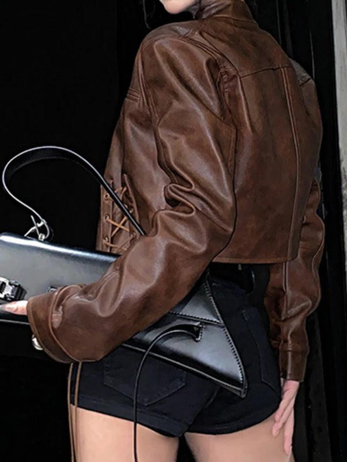 Street Tie Front Slim Motorcycle Leather Jacket-Jackets-MAUV STUDIO-STREETWEAR-Y2K-CLOTHING