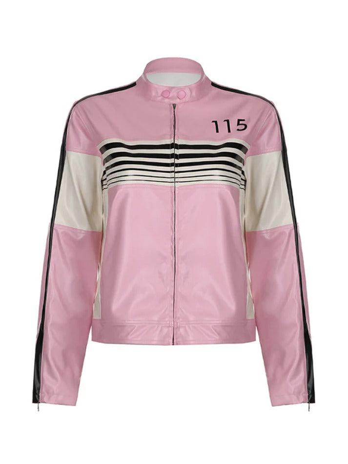 Striped Contrast Color Splice Leather Jacket-Jackets-MAUV STUDIO-STREETWEAR-Y2K-CLOTHING