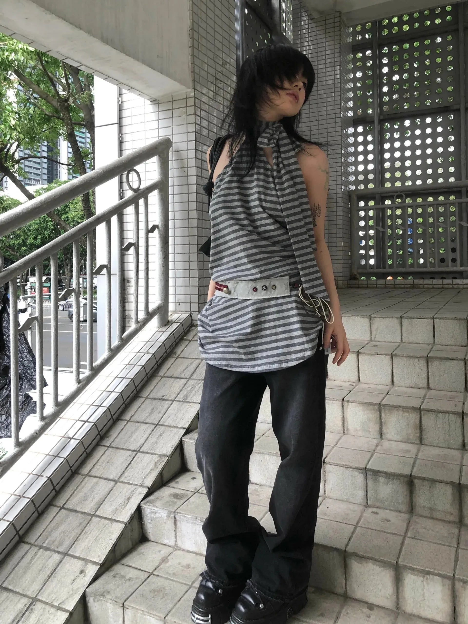 Striped Halter Neck Mini Dress view 4 | MAUVSTUDIO®