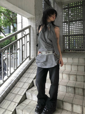 Striped Halter Neck Mini Dress view 4 | MAUVSTUDIO®