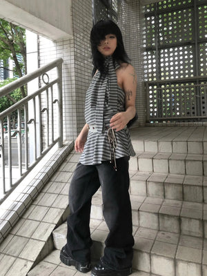 Striped Halter Neck Mini Dress view 5 | MAUVSTUDIO®
