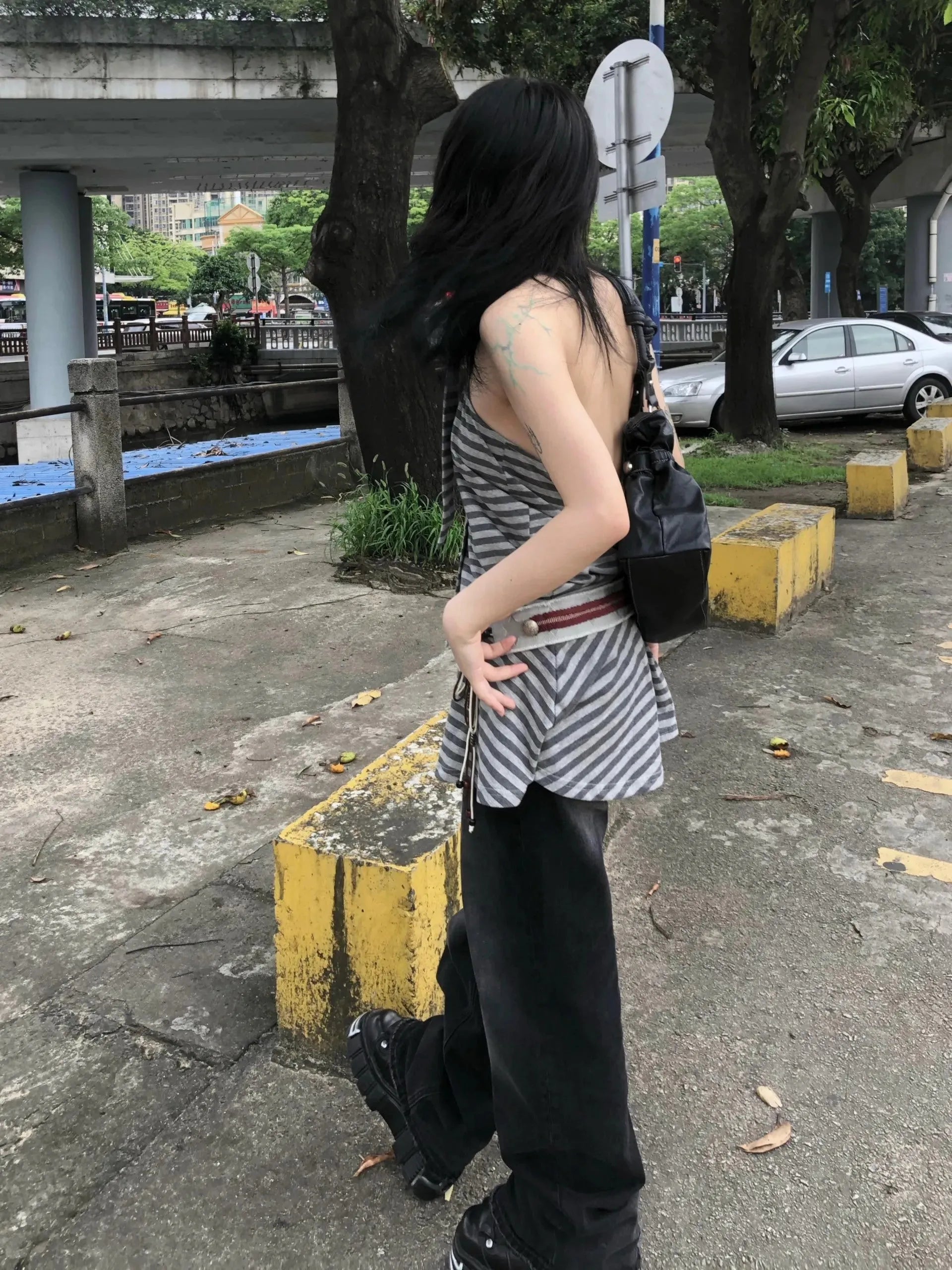 Striped Halter Neck Mini Dress view 6 | MAUVSTUDIO®