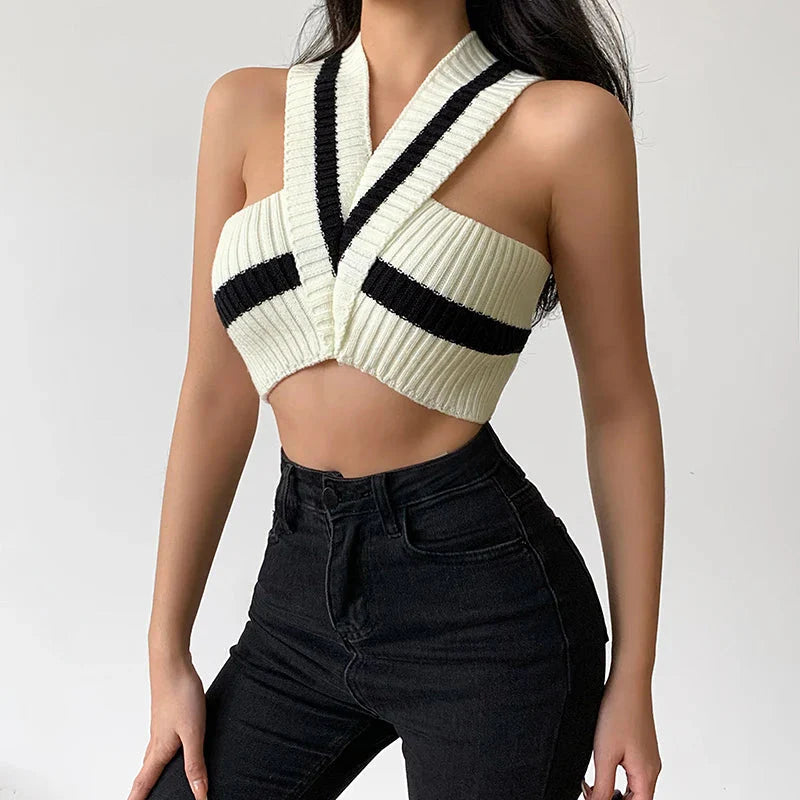 Striped Knitted Crop Top-Cream-One Size-Mauv Studio
